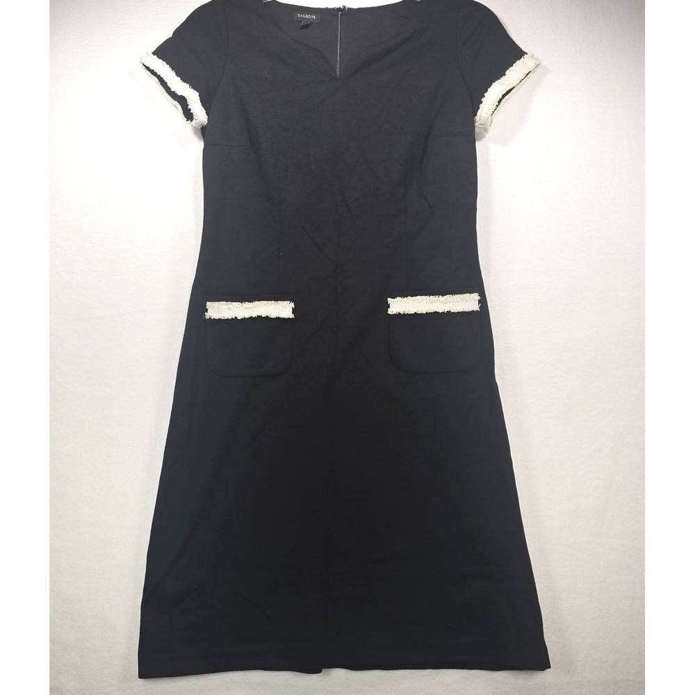 Talbots Black Sheath Dress Size 2 Fringe Trim Short Sleeve Notched Neck Pockets